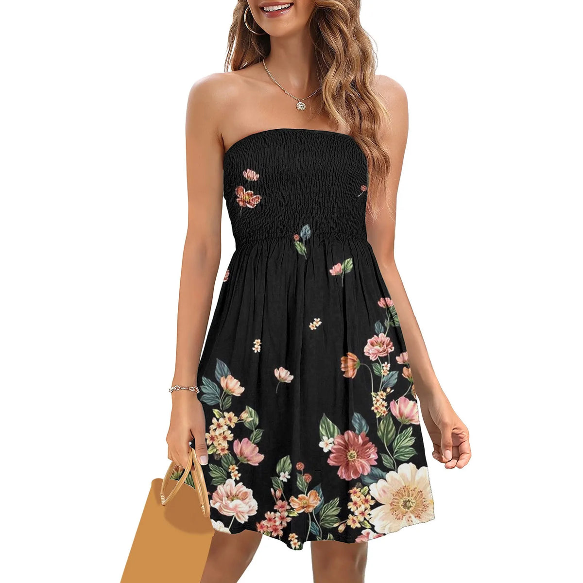 Strapless Smocked Bandeau Dress with Metallic-Toned Botanical Print