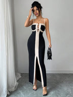Sculpted Strapless Contrast Panel Evening Dress with Modern Elegance