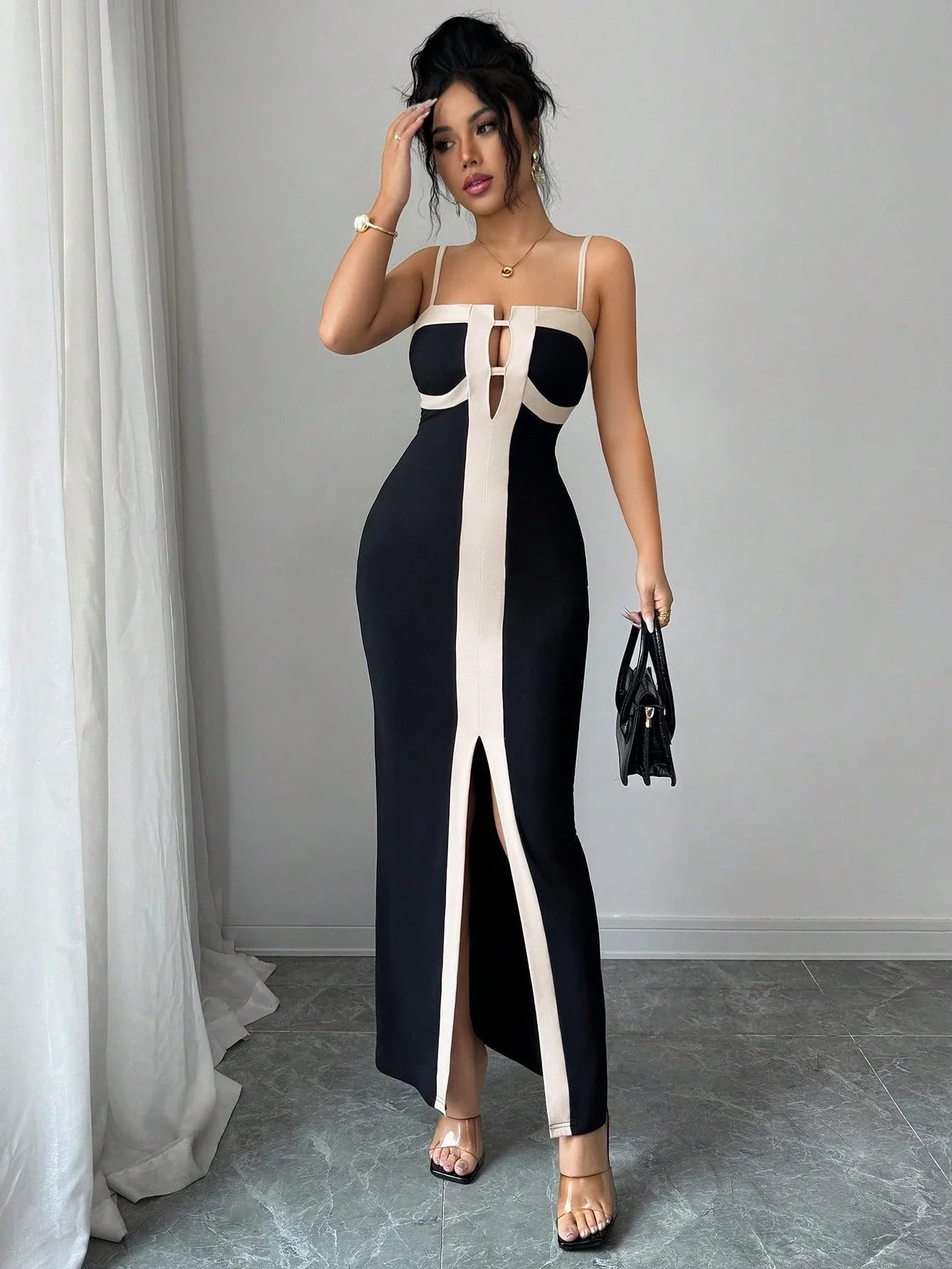Sculpted Strapless Contrast Panel Evening Dress with Modern Elegance