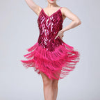 Dazzling White Sequin and Tassel Fringe Mini Dress with V-Neckline
