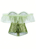 Off-Shoulder Floral Corset Top with Sheer Ruffle Sleeves and Structured Fit