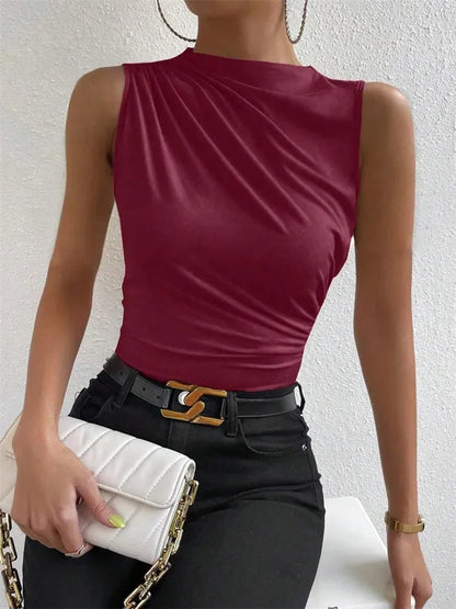 Mock Neck Ruched Tank Top with Slim Fit Stretch Everyday Modern Streetwear Style