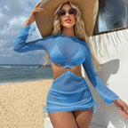 Three-Piece Crisp White String Bikini Set with Sheer Mesh Long-Sleeve Cover-Up