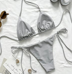Grey Triangle String Bikini with Geometric Rhinestone Embellishments
