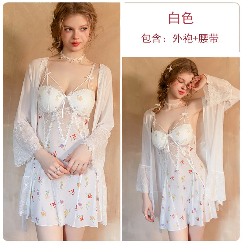Sweet Floral Print Sheer Mesh Mini Dress with Bow Accents