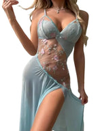 Sheer Asymmetrical Mesh Nightgown with Floral Embroidery and High Slit