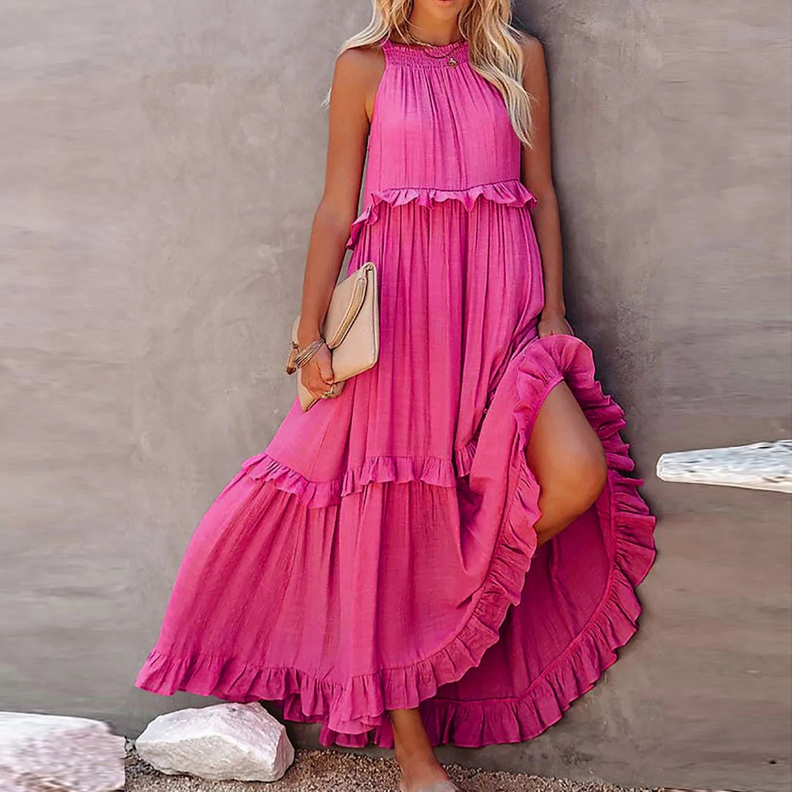 Sleeveless Tiered Maxi Dress with Relaxed Flowing Contemporary Shape