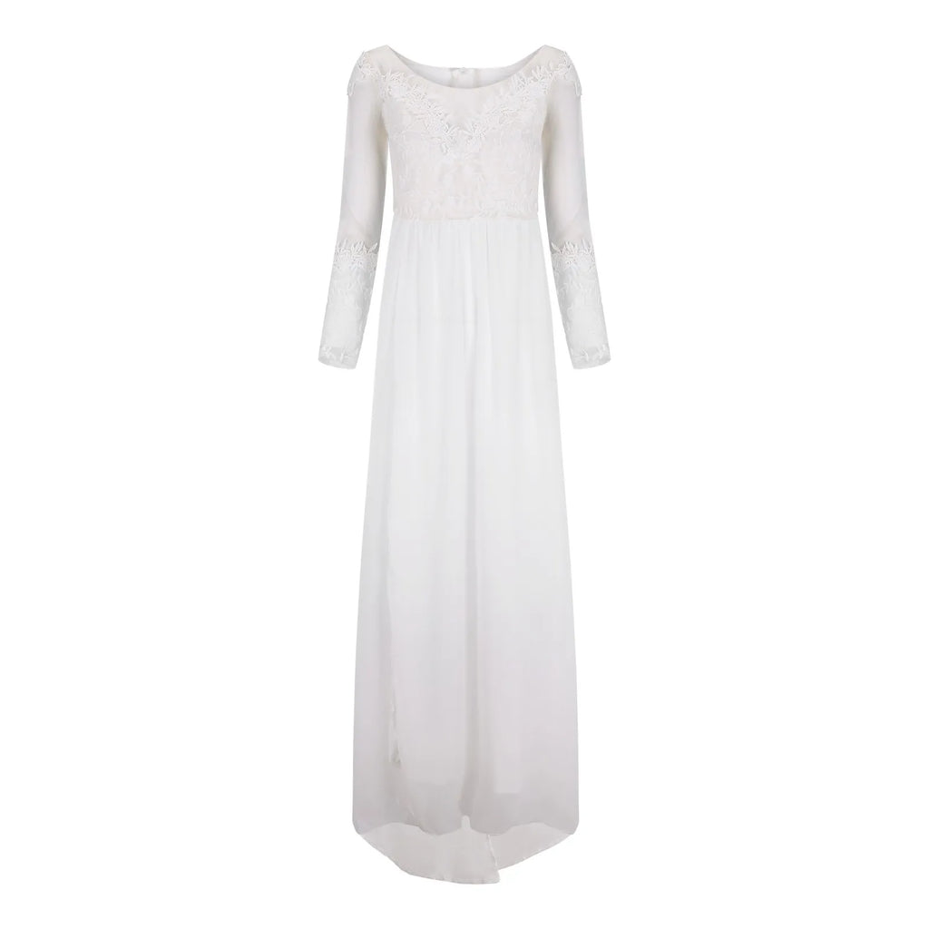 Flowing Lace Bodice Maxi Dress With Sheer Detail And Side Slit