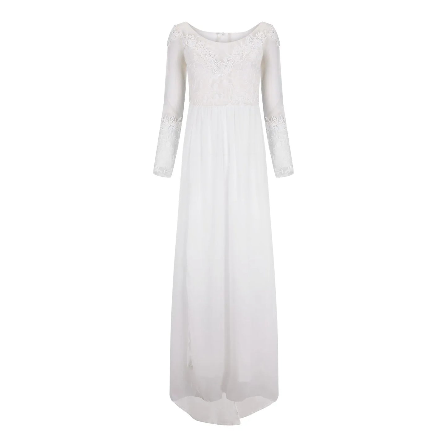 Flowing Lace Bodice Maxi Dress With Sheer Detail And Side Slit