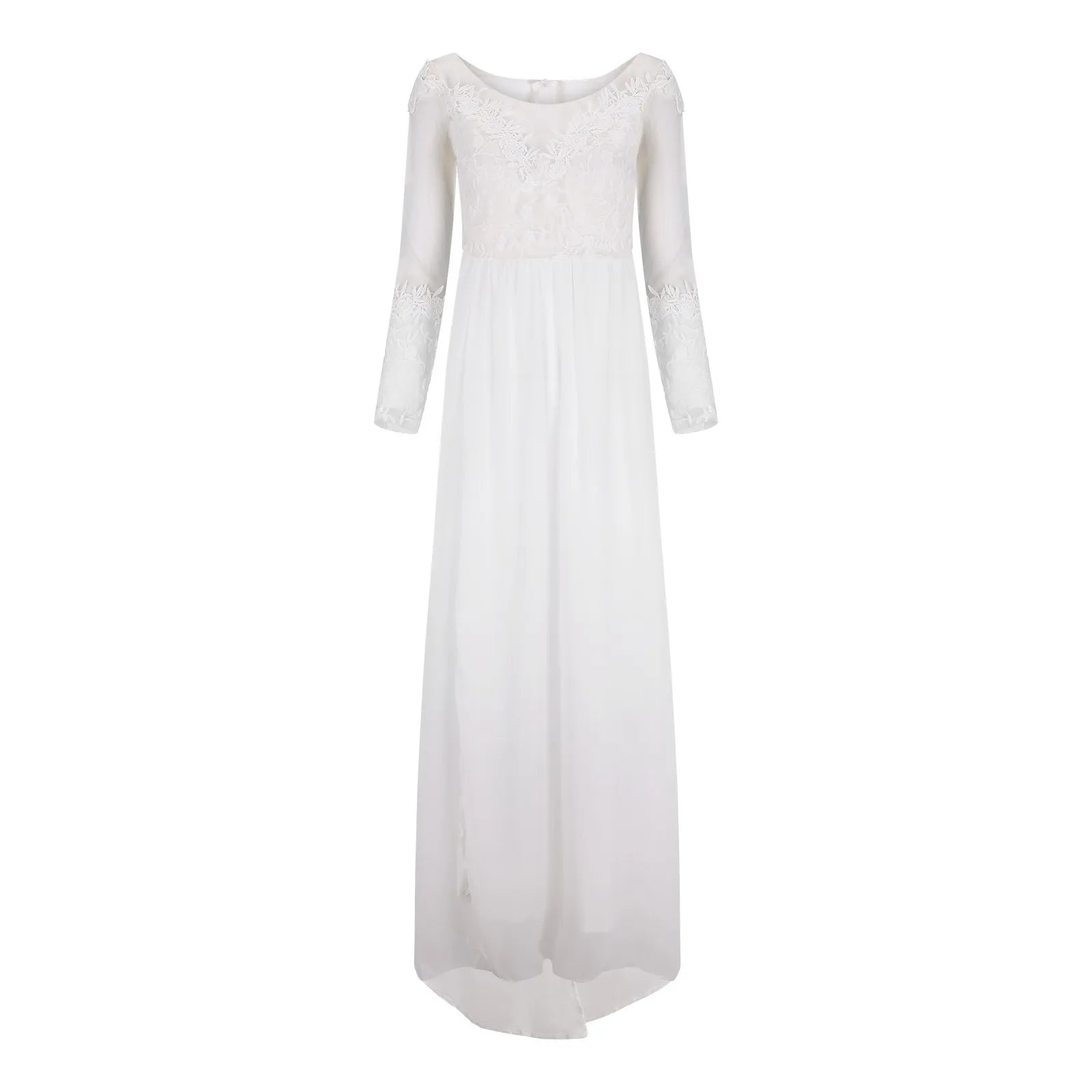 Flowing Lace Bodice Maxi Dress With Sheer Detail And Side Slit
