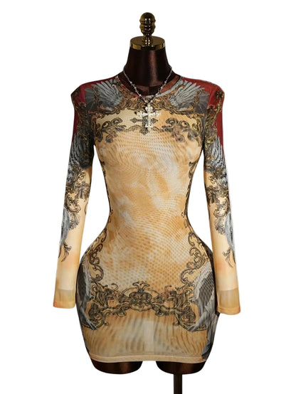 Mesh Panel Gothic Bodycon Dress with Edgy Streetwear Style