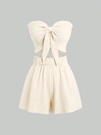 Front Knot Strapless Top and Shorts Summer Casual Co-Ord Set