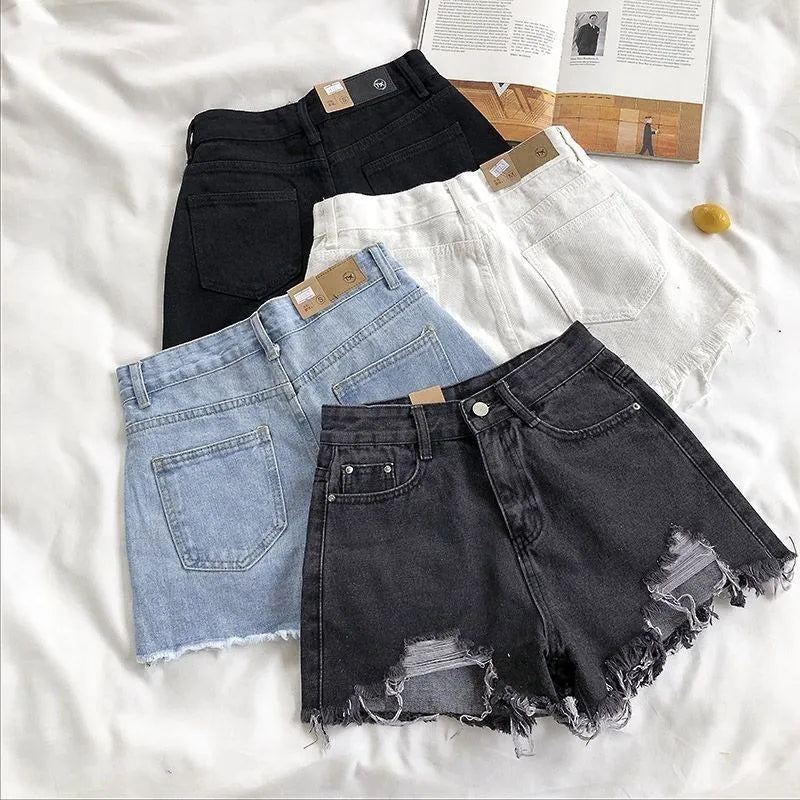 Women's Distressed Denim Style High Waist Frayed Hem Casual Streetwear Shorts with Pocket Design