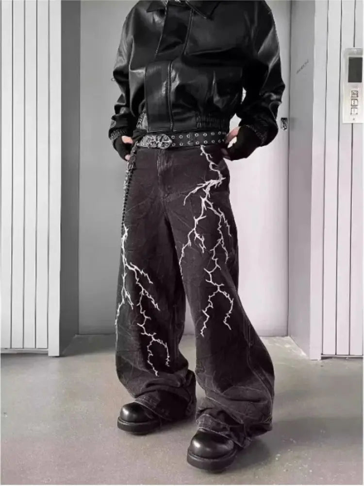 Men's Wide Leg Denim Jeans with Decorative Embroidery and Relaxed Streetwear Silhouette
