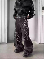 Men's Wide Leg Denim Jeans with Decorative Embroidery and Relaxed Streetwear Silhouette