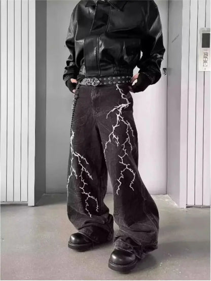Men's Wide Leg Denim Jeans with Decorative Embroidery and Relaxed Streetwear Silhouette