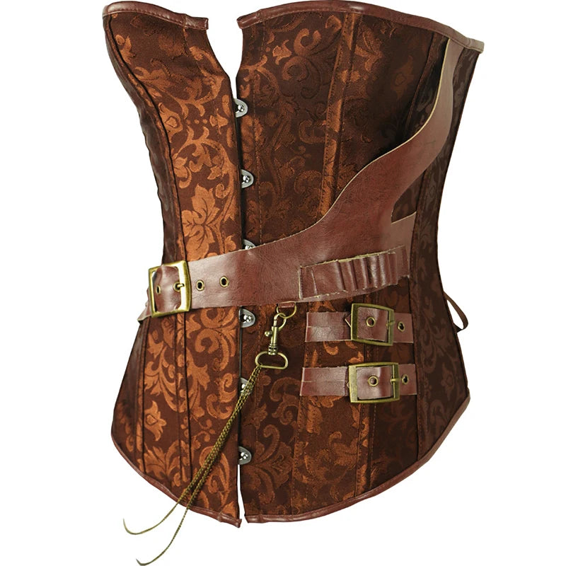 Steampunk Brown Jacquard Overbust Corset with Faux Leather Belt Detailing