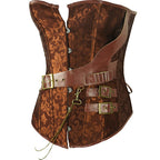 Steampunk Brown Jacquard Overbust Corset with Faux Leather Belt Detailing