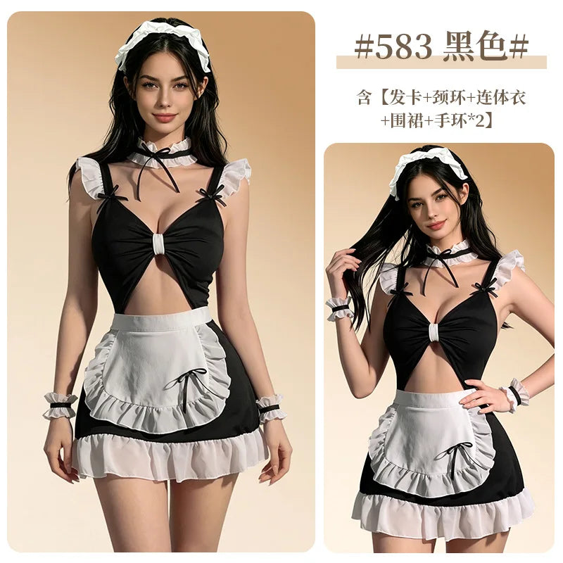 Playful Black and White Ruffled Maid Cosplay Costume with Apron and Matching Accessories