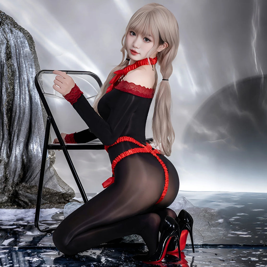 Sheer Black Long-Sleeve Bodysuit with Red Strappy Harness Detailing