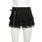 Tiered Lace Trim Bow Detail A-Line Gothic Inspired Mini Skirt