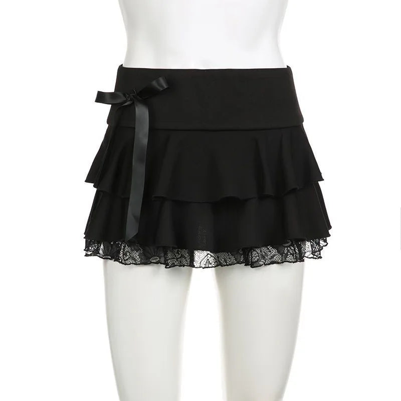 Tiered Lace Trim Bow Detail A-Line Gothic Inspired Mini Skirt