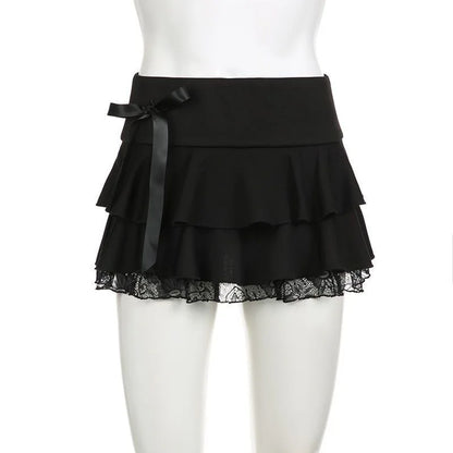 Tiered Lace Trim Bow Detail A-Line Gothic Inspired Mini Skirt