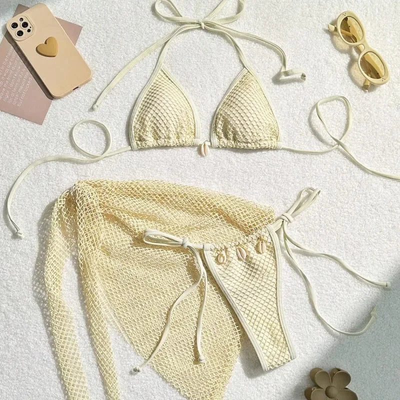 Earthy Textured Three-Piece Triangle Bikini Set with Cowrie Shell Accents and Net Skirt