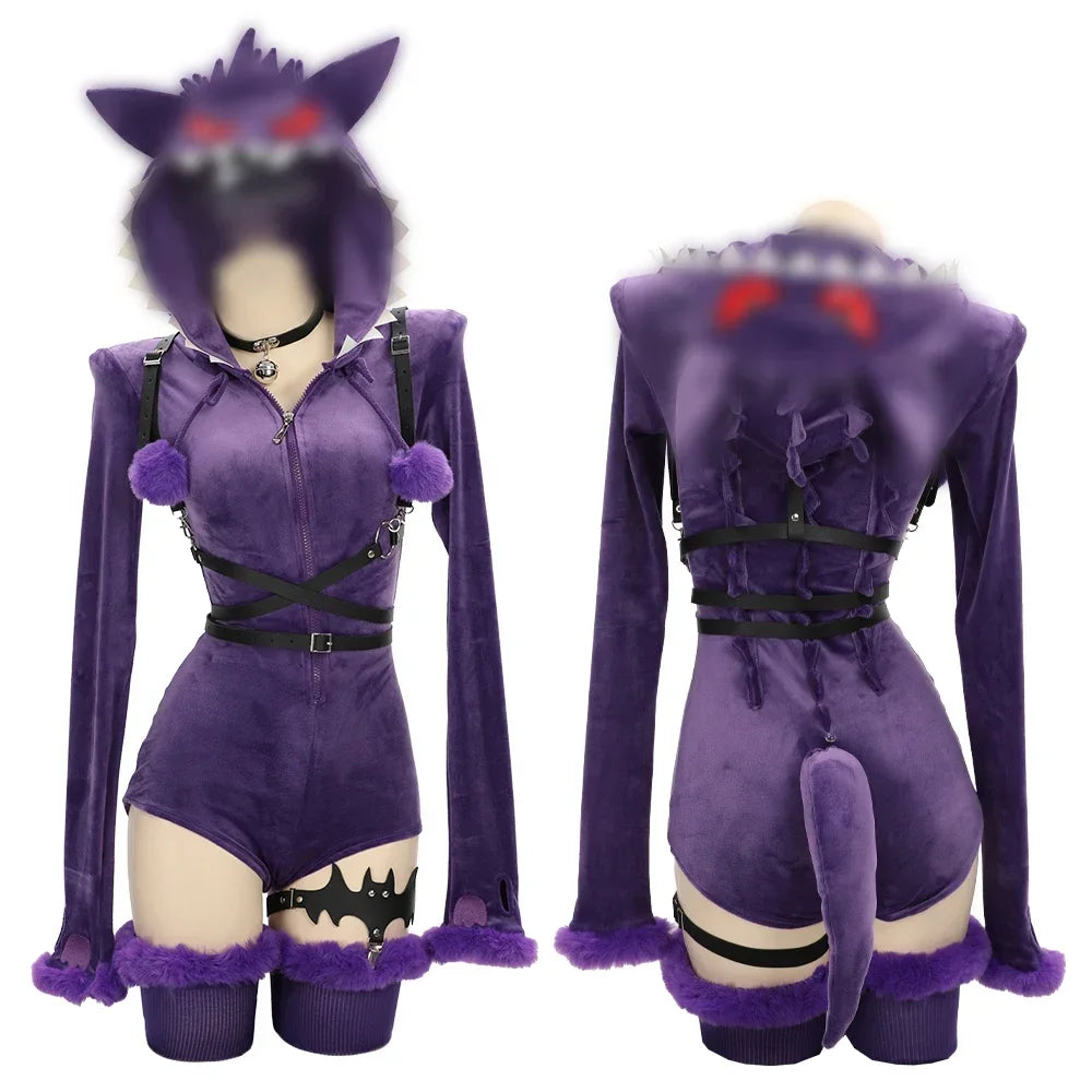 Women's Hooded Velvet Romper Costume Set with Tail Belt and Matching Socks