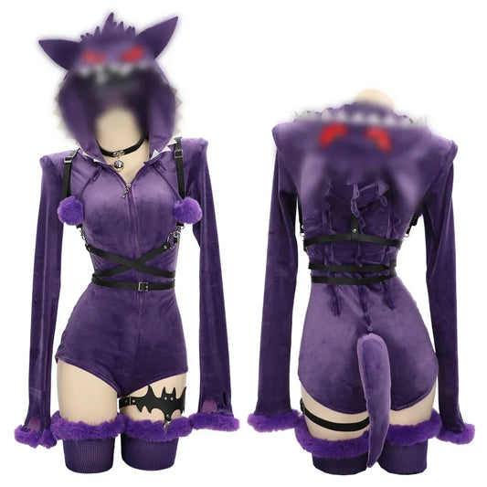 Women's Hooded Velvet Romper Costume Set with Tail Belt and Matching Socks