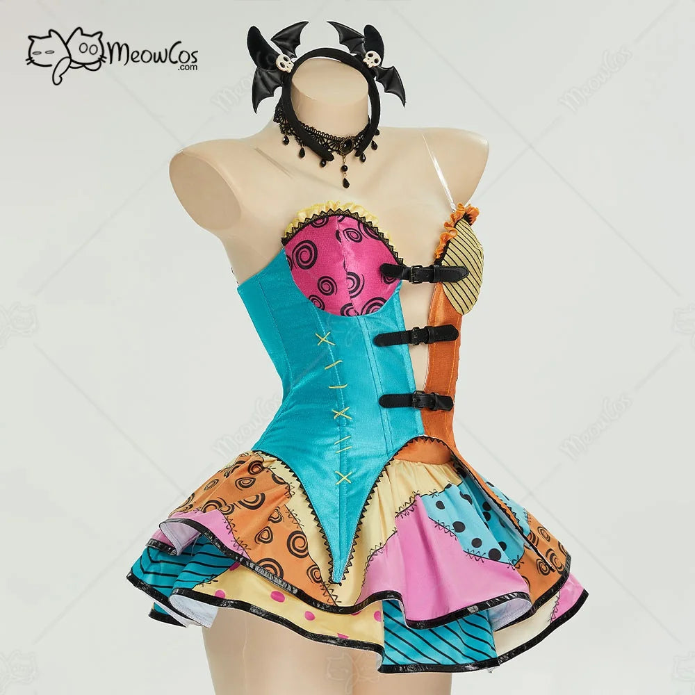 Women's Velvet Corset and Double Layered Patchwork Skirt Costume Set with Matching Accessories