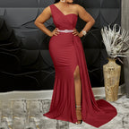 Vibrant Yellow One-Shoulder Evening Gown with Ruched Bodice and High Slit