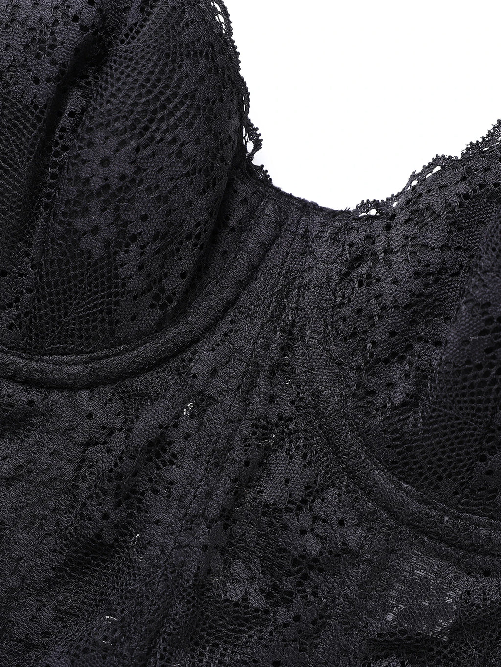 Midnight Black Floral Lace Cropped Bustier with Adjustable Bow-Tie Straps