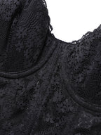 Midnight Black Floral Lace Cropped Bustier with Adjustable Bow-Tie Straps