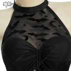 Women's Halter Cutout One Piece Swimsuit with Sheer Panel Skirt and Contemporary Design