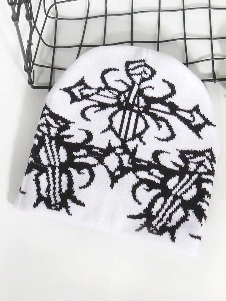 Abstract Jacquard Acrylic Knit Beanie for Modern Streetwear Casual Winter Everyday Fashion Style