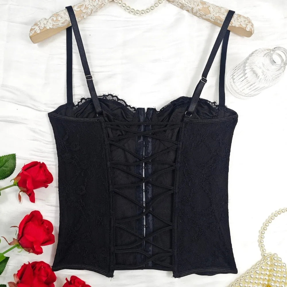 Romantic White Sheer Lace Camisole with Delicate Straps and Front Lacing