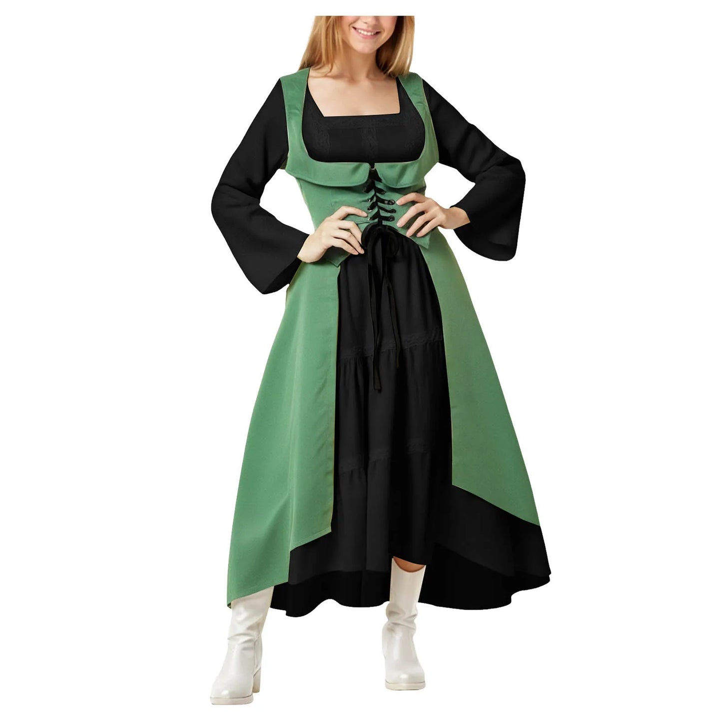 Gothic Witchcore Midi Dress with Pentagram Strap Details