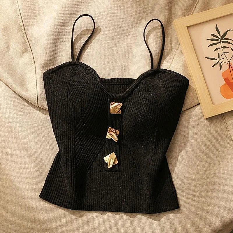 Ribbed Button Front Crop Top with Spaghetti Straps Contemporary Streetwear Style