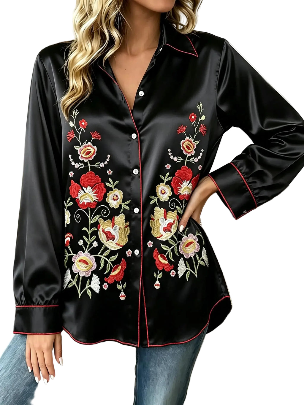 Vintage-Inspired Satin-Finish Floral Blouse with Contrast Red Piping and Button-Down Front
