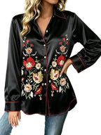 Vintage-Inspired Satin-Finish Floral Blouse with Contrast Red Piping and Button-Down Front