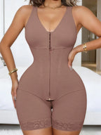 V-Neck Sculpted Bodysuit with Multi-Row Hook Closure and Sheer Leg Paneling