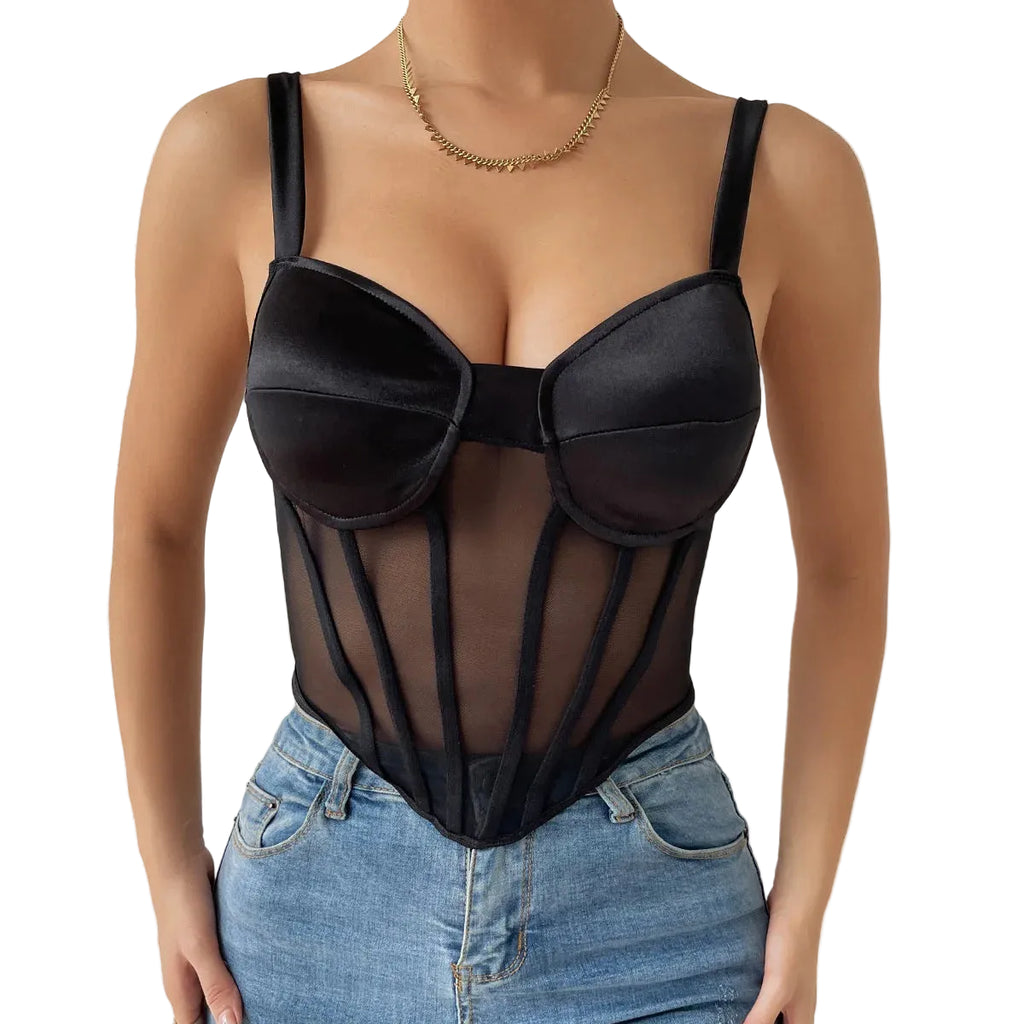 Sheer Mesh Bustier Corset Top with Structured Cups and Satin-Inspired Panels