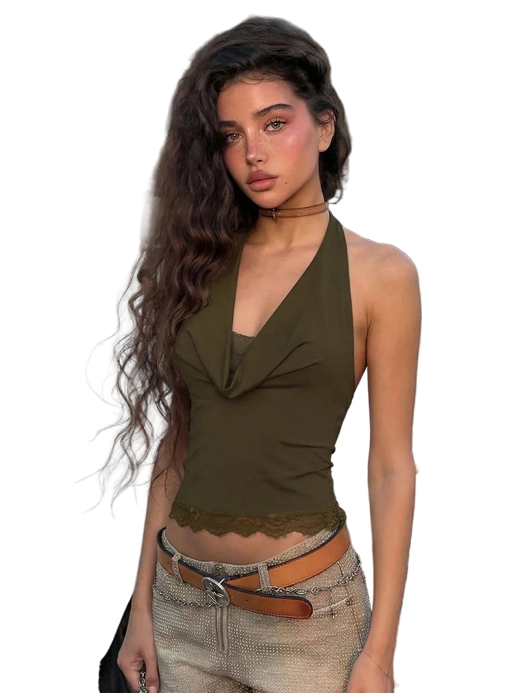 Ruffle Halter Lace-Up Backless Crop Top with Slim Fit Y2K Streetwear Style