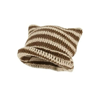 Striped Cat Ear Knit Beanie with Cotton Blend Construction for Playful Streetwear Winter Fashion