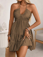 Halter Neck Tiered Mini Dress with Shirred Bodice Bohemian Vacation Style