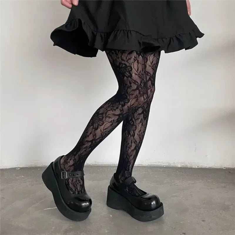 Floral Embroidered Mesh Stockings with Sheer Lace Pattern for Contemporary Streetwear Styling