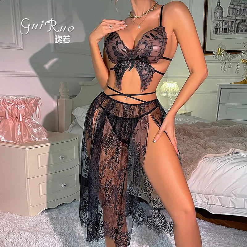 Sheer Black Lace Butterfly Bodice Ensemble with Flowing Midi Skirt