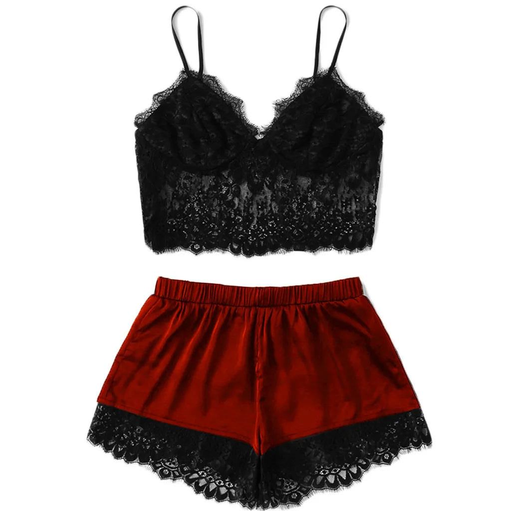 Romantic Sheer Black Lace Bralette and Contrasting Satin Shorts Sleep Set