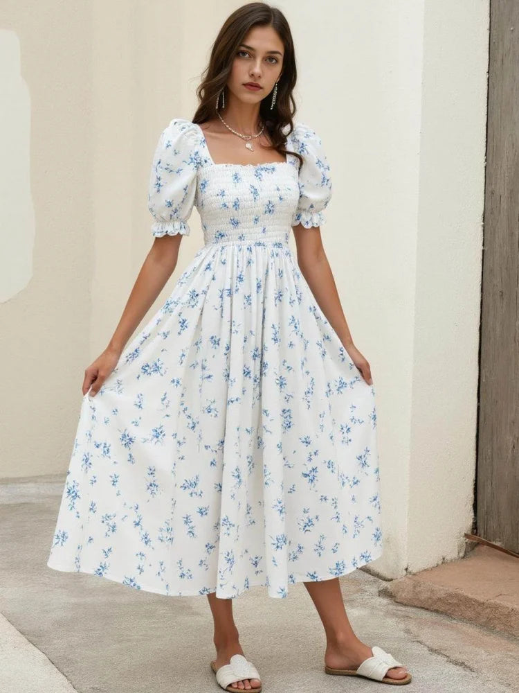 Blue Floral Print Smocked Midi Dress with Square Neckline and Puff Sleeves